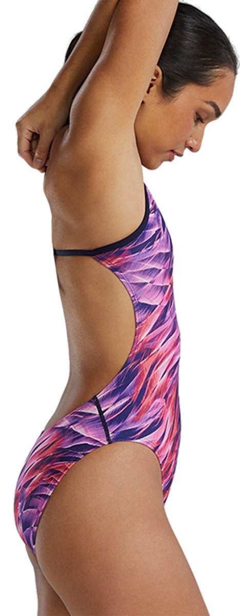 TYR Women's Cutoutfit Falcon Swimsuit - A women's swimsuit with a cut-out design on the side, featuring a pink and purple pattern.