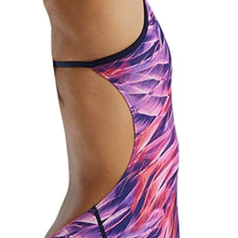 TYR Women's Cutoutfit Falcon Swimsuit - A women's swimsuit with a cut-out design on the side, featuring a pink and purple pattern.
