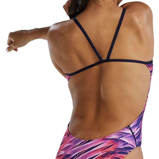 TYR Women's Cutoutfit Falcon Swimsuit - A pink, purple, and black swimsuit with a cut-out design on the back.