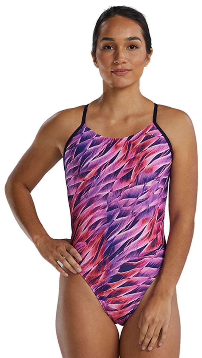 TYR Women's Cutoutfit Falcon Swimsuit - A pink, purple, and white swimsuit with a geometric pattern of triangles and lines.