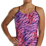 TYR Women's Cutoutfit Falcon Swimsuit - A pink, purple, and white swimsuit with a geometric pattern of triangles and lines.
