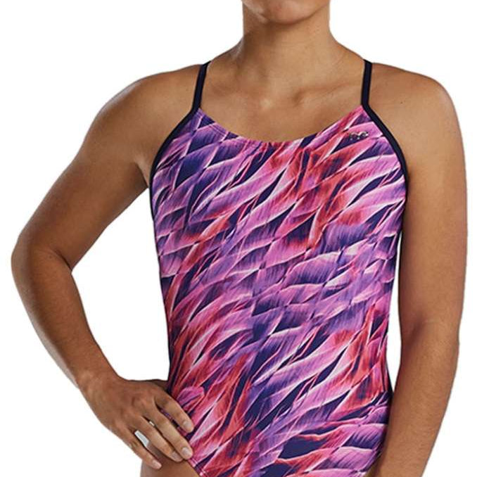 TYR Women's Cutoutfit Falcon Swimsuit - A pink, purple, and white swimsuit with a geometric pattern of triangles and lines.