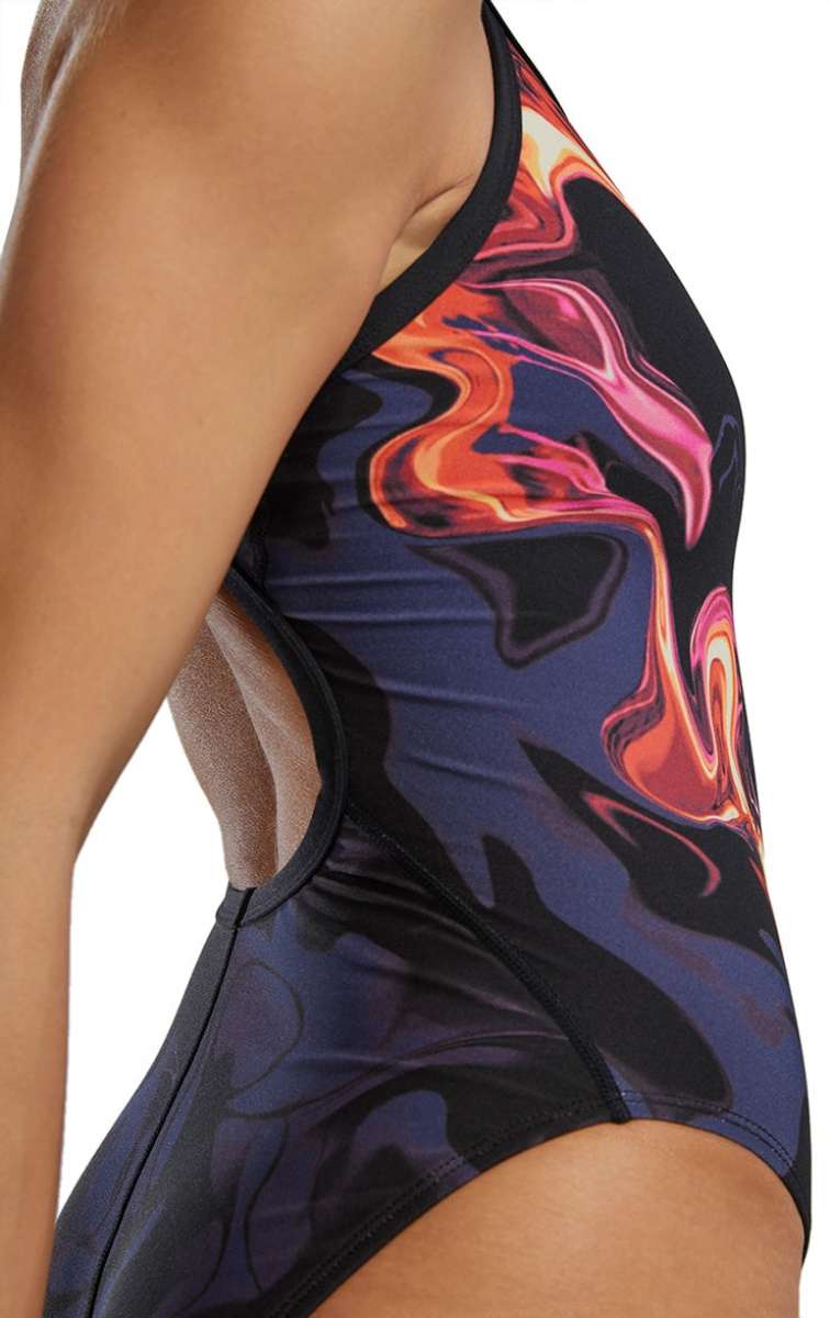 TYR Women's Diamondfit Torch Swimsuit - A black swimsuit with a pink and orange flame-like pattern on the torso area.