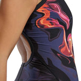 TYR Women's Diamondfit Torch Swimsuit - A black swimsuit with a pink and orange flame-like pattern on the torso area.