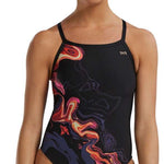 TYR Women's Diamondfit Torch Swimsuit - A black swimsuit with a red, orange, and yellow abstract design on the left side of the chest area.