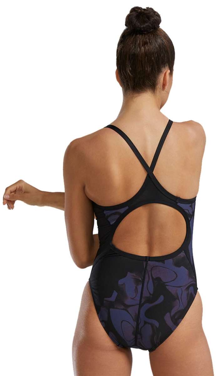 TYR Women's Diamondfit Torch Swimsuit - A black one-piece swimsuit with a high-cut leg and a low back, featuring a diamond pattern on the torso.