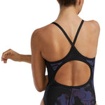 TYR Women's Diamondfit Torch Swimsuit - A black one-piece swimsuit with a high-cut leg and a low back, featuring a diamond pattern on the torso.