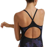TYR Women's Diamondfit Torch Swimsuit - A black one-piece swimsuit with a high-cut leg and a low back, featuring a diamond pattern on the torso.
