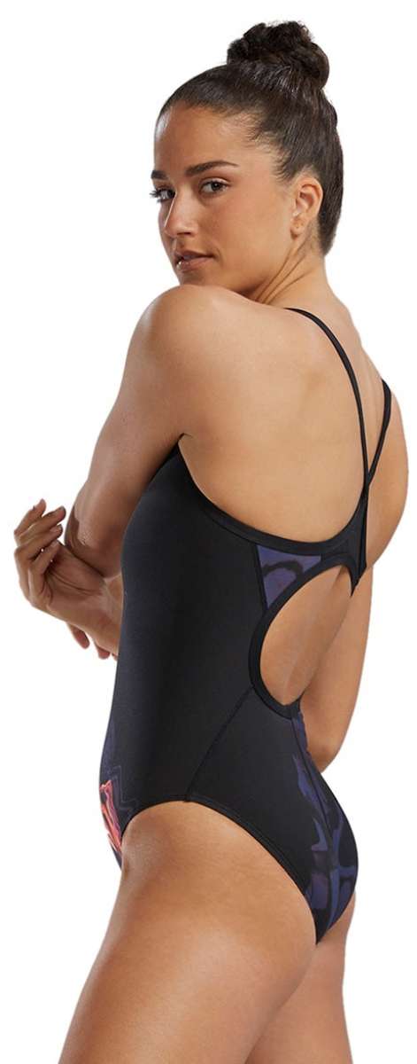 TYR Women's Diamondfit Torch Swimsuit - A black swimsuit with a red and blue logo on the left hip, featuring a high-cut leg and low back.