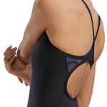 TYR Women's Diamondfit Torch Swimsuit - A black swimsuit with a red and blue logo on the left hip, featuring a high-cut leg and low back.