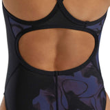 TYR Women's Diamondfit Torch Swimsuit - A black swimsuit with a high-cut leg and low back, featuring a diamond pattern on the torso.