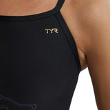 TYR Women's Diamondfit Torch Swimsuit - A black swimsuit with a gold logo on the upper left side of the chest area.