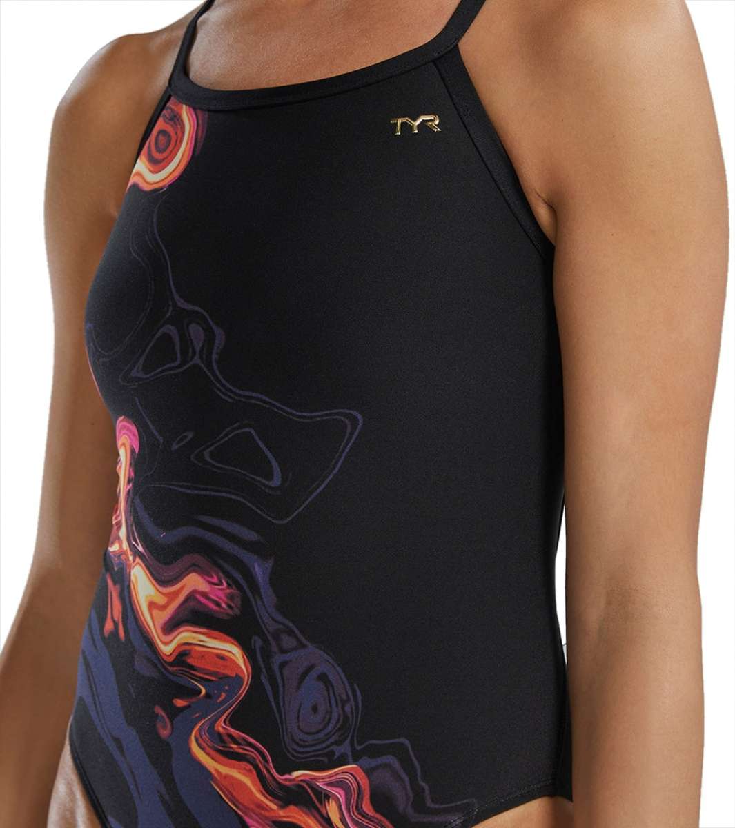 TYR Women's Diamondfit Torch Swimsuit - A black swimsuit with a red, orange, and yellow flame-like design on the left side.