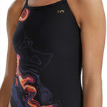 TYR Women's Diamondfit Torch Swimsuit - A black swimsuit with a red, orange, and yellow flame-like design on the left side.
