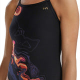 TYR Women's Diamondfit Torch Swimsuit - A black swimsuit with a red, orange, and yellow flame-like design on the left side.