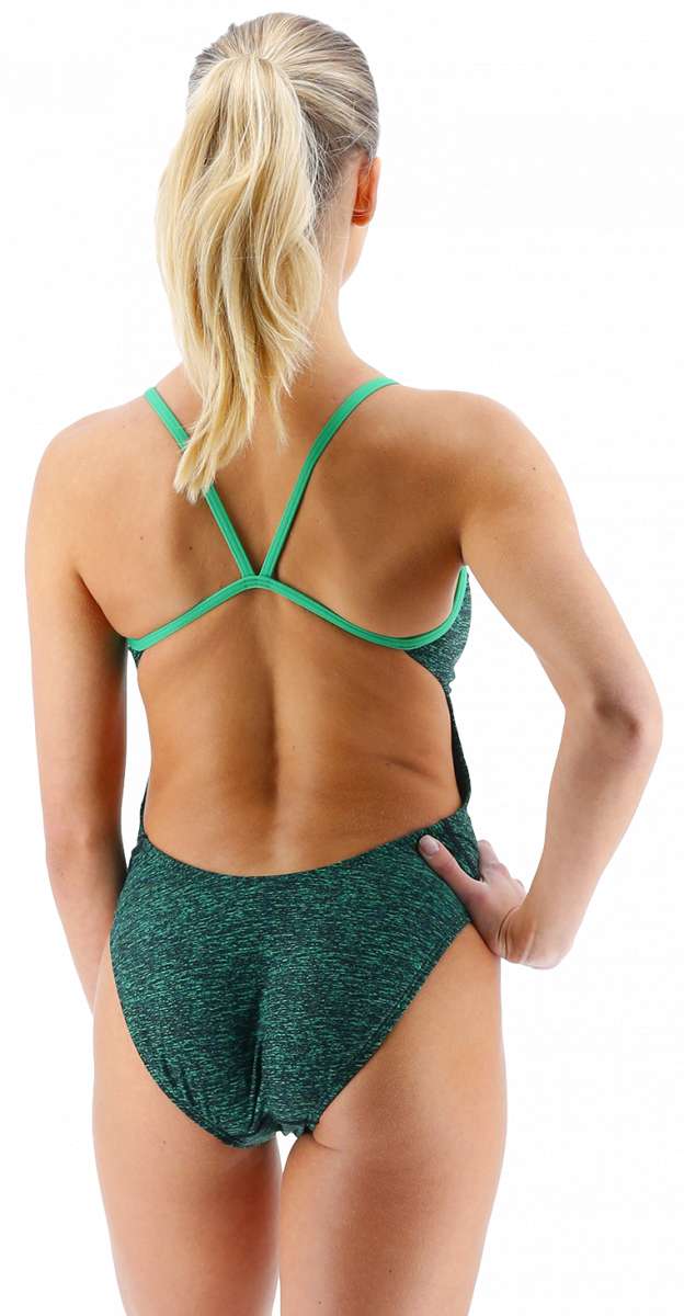 TYR Ladies Lapped Cutoutfit Suit - A dark green one-piece swimsuit with a lapped cutout detail on the side and thin straps.