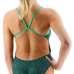 TYR Ladies Lapped Cutoutfit Suit - A dark green one-piece swimsuit with a lapped cutout detail on the side and thin straps.