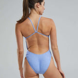 TYR Ladies Lapped Cutoutfit Suit - A women's one-piece swimsuit with a lapped cutout design on the front, featuring a solid black color and a high-cut leg style.