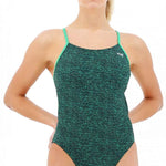 TYR Ladies Lapped Cutoutfit Suit - A dark green one-piece swimsuit with thin straps and a cutout detail on the side.