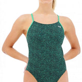 TYR Ladies Lapped Cutoutfit Suit - A dark green one-piece swimsuit with thin straps and a cutout detail on the side.