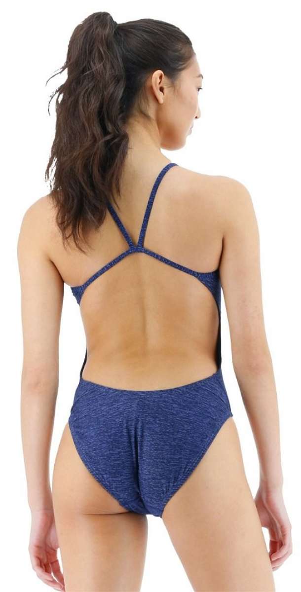 TYR Ladies Lapped Cutoutfit Suit - A navy blue one-piece swimsuit with a lapped cutout design on the front and back.