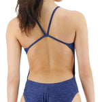TYR Ladies Lapped Cutoutfit Suit - A navy blue one-piece swimsuit with a lapped cutout design on the front and back.
