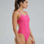 TYR Ladies Lapped Cutoutfit Suit - A women's one-piece swimsuit with a lapped cutout design on the sides, featuring a solid black color and thin straps.