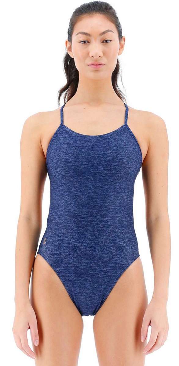 TYR Ladies Lapped Cutoutfit Suit - A two-piece swimsuit with a lapped cutout design on the front, featuring a solid black color and a sleek, modern style.