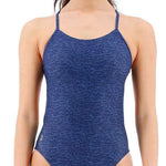 TYR Ladies Lapped Cutoutfit Suit - A two-piece swimsuit with a lapped cutout design on the front, featuring a solid black color and a sleek, modern style.