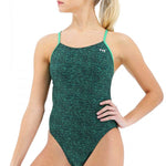 TYR Ladies Lapped Cutoutfit Suit - A dark green one-piece swimsuit with thin straps and a cutout at the waist on both sides.