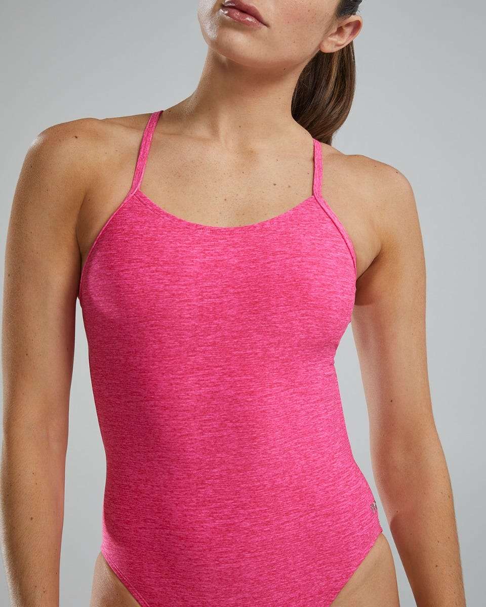 TYR Ladies Lapped Cutoutfit Suit - A pink one-piece swimsuit with a lapped cutout design on the stomach area.