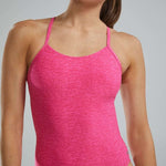TYR Ladies Lapped Cutoutfit Suit - A pink one-piece swimsuit with a lapped cutout design on the stomach area.
