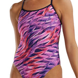 TYR Women's Trinifyfit Falcon Swimsuit - A pink, purple, and white swimsuit with a geometric pattern of lines and shapes.