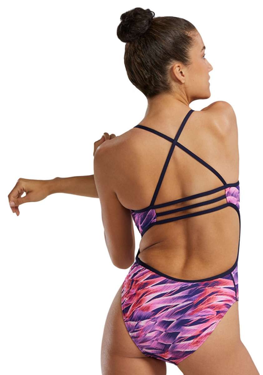 TYR Women's Trinifyfit Falcon Swimsuit - A purple, pink, and white swimsuit with a geometric pattern on the torso and straps that cross over the back.