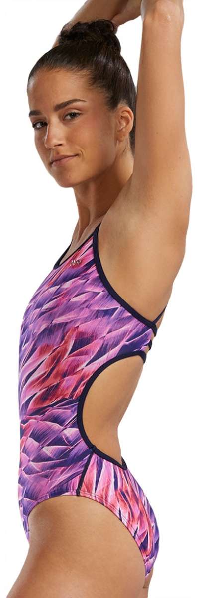 TYR Women's Trinifyfit Falcon Swimsuit - A pink, purple, and white swimsuit with a geometric pattern on the torso.