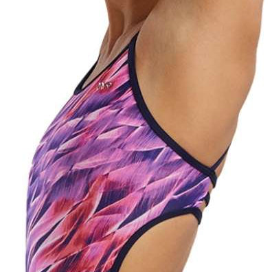 TYR Women's Trinifyfit Falcon Swimsuit - A pink, purple, and white swimsuit with a geometric pattern on the torso.