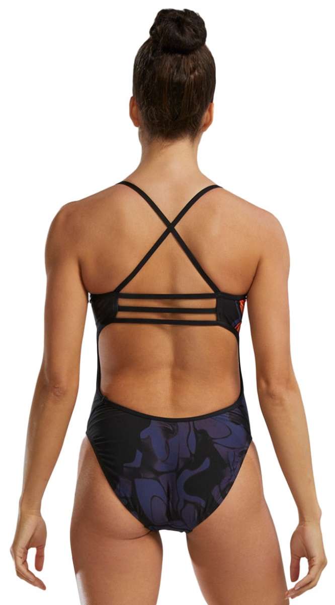 TYR Women's Trinityfit Torch Swimsuit - A black one-piece swimsuit with a red and orange abstract pattern on the sides.
