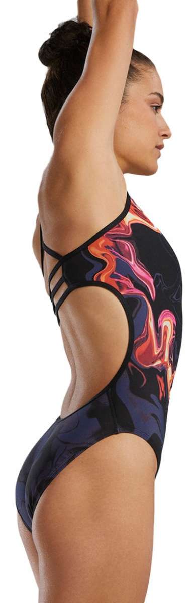 Tyr Womens Trinityfit Torch Swimsuit - Black swimsuit with red, orange, and yellow flame-like pattern on torso.