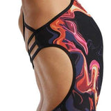 Tyr Womens Trinityfit Torch Swimsuit - Black swimsuit with red, orange, and yellow flame-like pattern on torso.