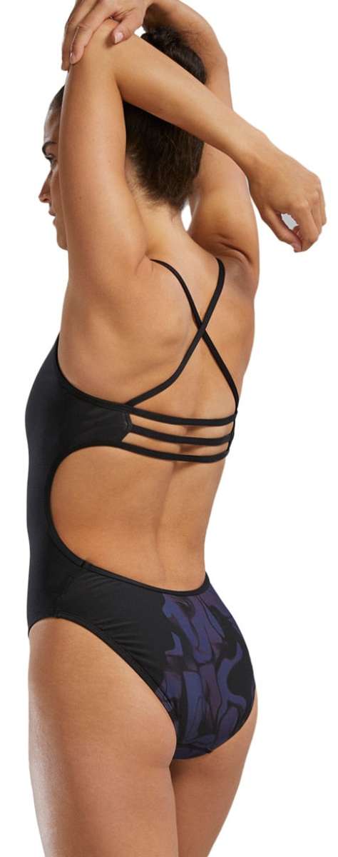 TYR Women's Trinityfit Torch Swimsuit - A black swimsuit with a high-cut leg and low back, featuring thin straps that crisscross in an "X" shape at the back.