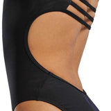 TYR Women's Trinityfit Torch Swimsuit - A black one-piece swimsuit with a high-cut leg and cut-out detail on the side, featuring thin straps that crisscross at the back.