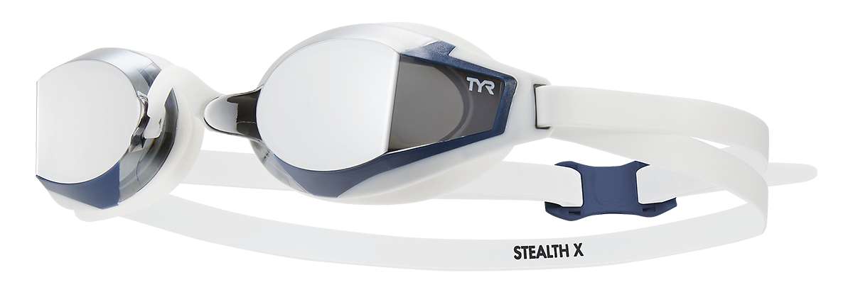 TYR Stealth X Race G Mirrored Goggle - A mirrored lens goggle with a sleek, modern design and a subtle "TYR" logo on the strap.