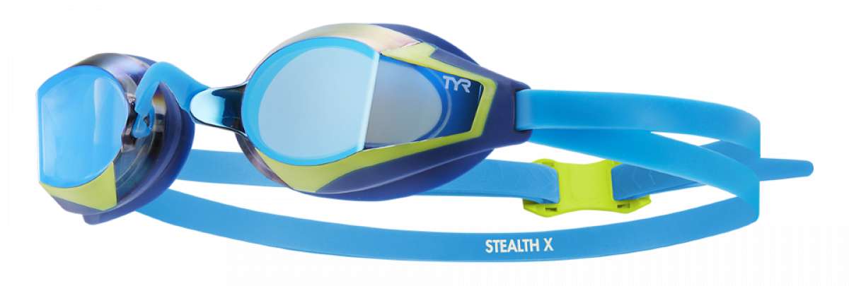 TYR Stealth X Race G Mirrored Goggle - A mirrored lens goggle with a blue frame and strap, featuring the "TYR" logo on the side.