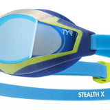 TYR Stealth X Race G Mirrored Goggle - A mirrored lens goggle with a blue frame and strap, featuring the "TYR" logo on the side.