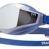TYR Stealth X Race G Mirrored Goggle - A pair of mirrored goggles with a sleek, modern design and a subtle TYR logo on the strap.