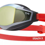 TYR Stealth X Race G Mirrored Goggle - A mirrored lens goggle with a black frame and strap, featuring the "TYR" logo in white on the strap.