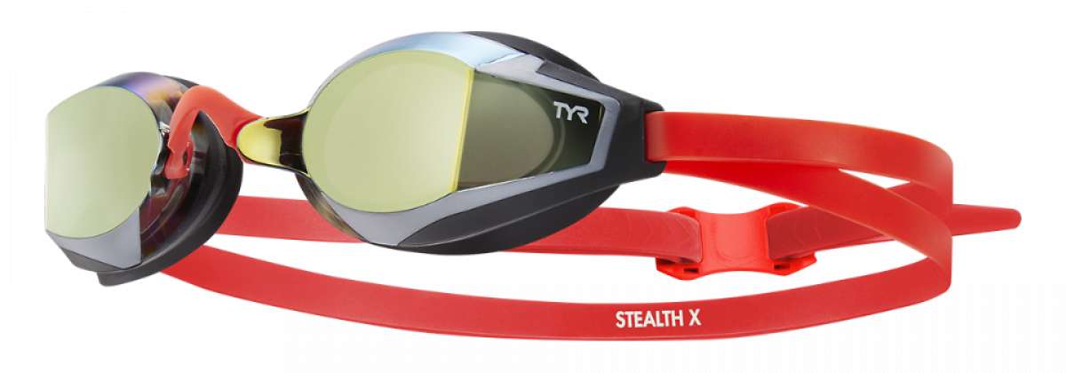 TYR Stealth X Race G Mirrored Goggle - A mirrored lens goggle with a black frame and strap, featuring the "TYR" logo in white on the strap.