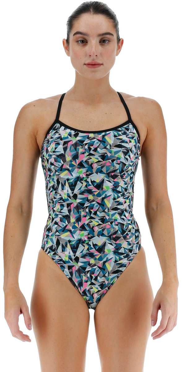 TYR Women's Trinifyfit Prism Break Swimsuit - A multicolored swimsuit with a geometric pattern of triangles in pink, blue, green, and yellow on a white background.