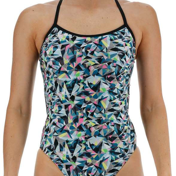 TYR Women's Trinifyfit Prism Break Swimsuit - A multicolored swimsuit with a geometric pattern of triangles in pink, blue, green, and yellow on a white background.
