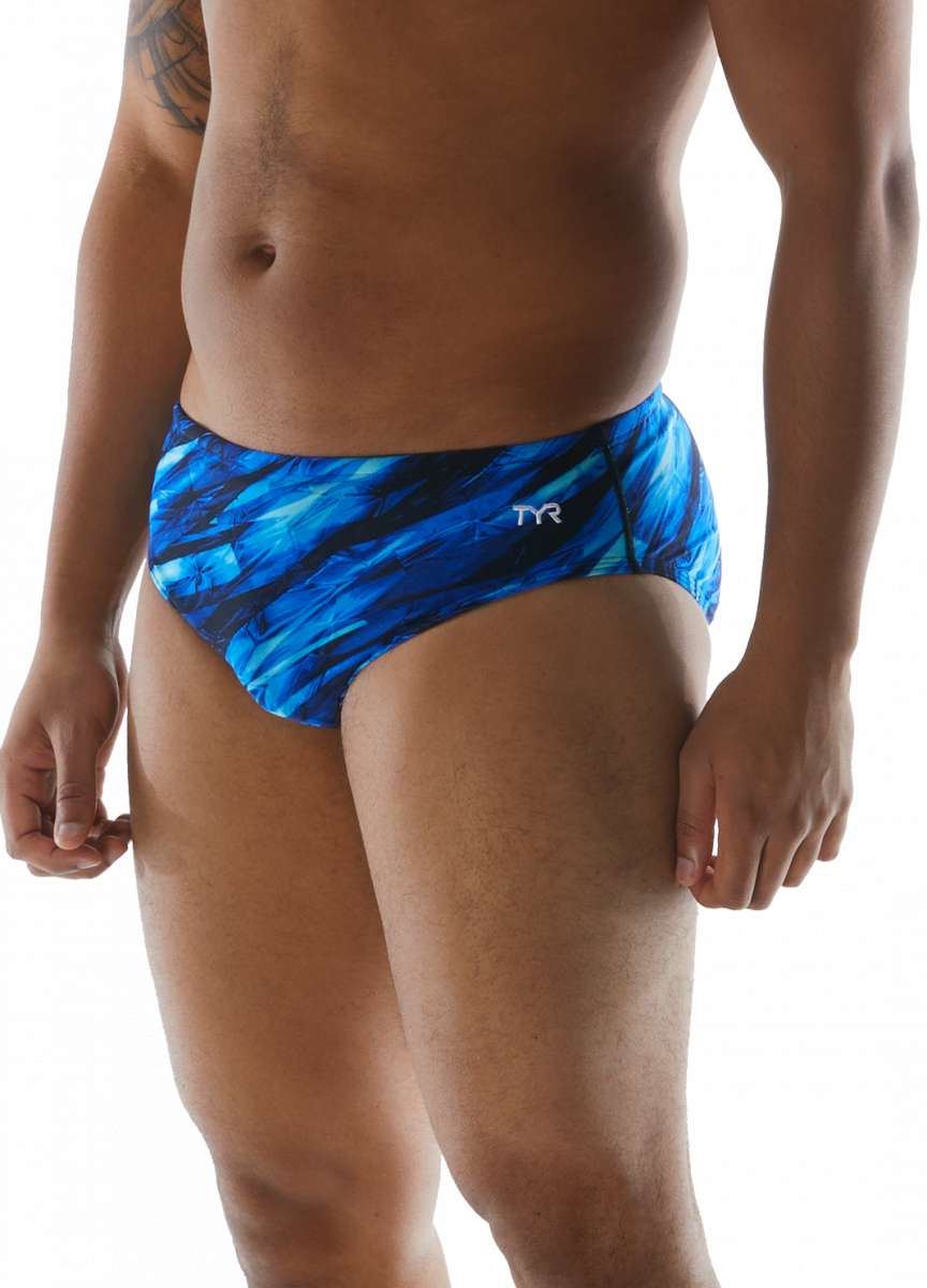 TYR Vitality Racer Swimsuit - 2023 swimsuit with a blue and black abstract pattern on a model's body.